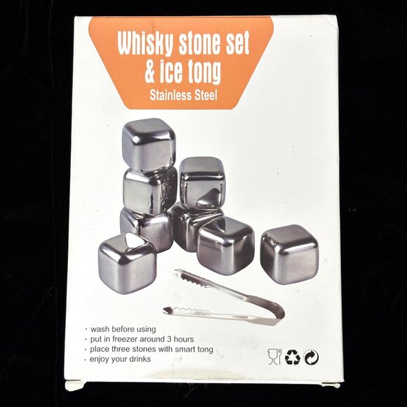 Whiskey Stainless Steel Stone and  Matching Tongs Set NOS - Picture 1 of 10